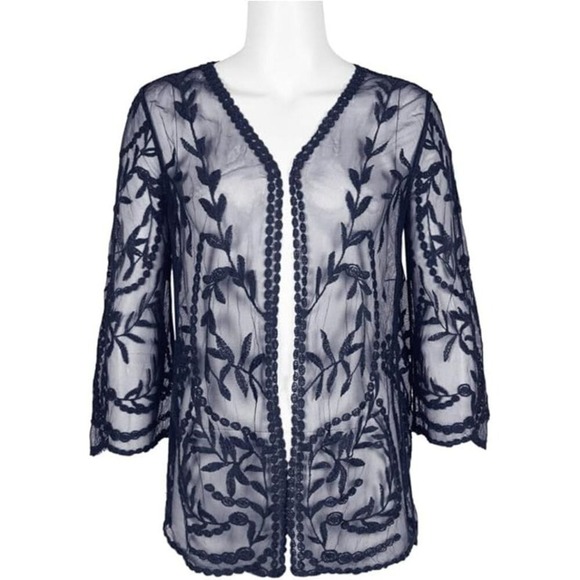 Floral Embroidered Sheer Lace Cardigan Kimono Duster Top - Picture 1 of 8